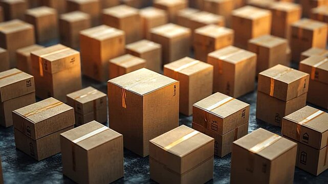 Aerial view of numerous cardboard boxes arranged on a surface, illuminated by warm light, creating a visually appealing pattern