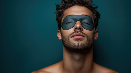 Relaxation techniques for improved sleep and self-care practices featuring a man with a sleep mask on a tranquil background