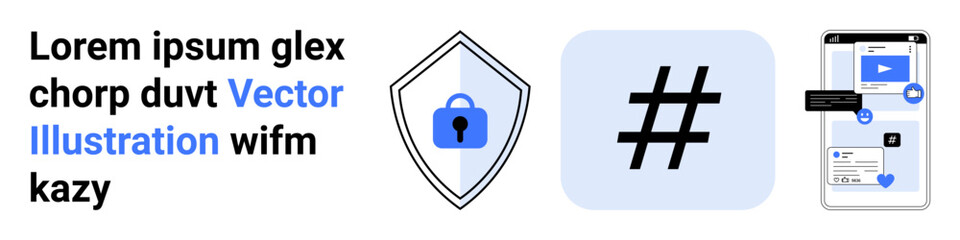 Locked shield for cybersecurity, metadata tag as social media icon, smartphone browsing content. Ideal for technology, security, social networking, data protection, online trends, app usage flat