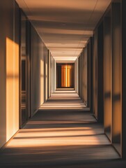 Modern hotel corridor with glass walls minimalist decor warm lighting and luxury. Concept luxury hotel interior, glass walls, warm lighting, minimalist decor, modern corridor