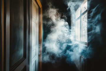 A glimpse of smoke and light entering a dark room through a window next to an open door in a house