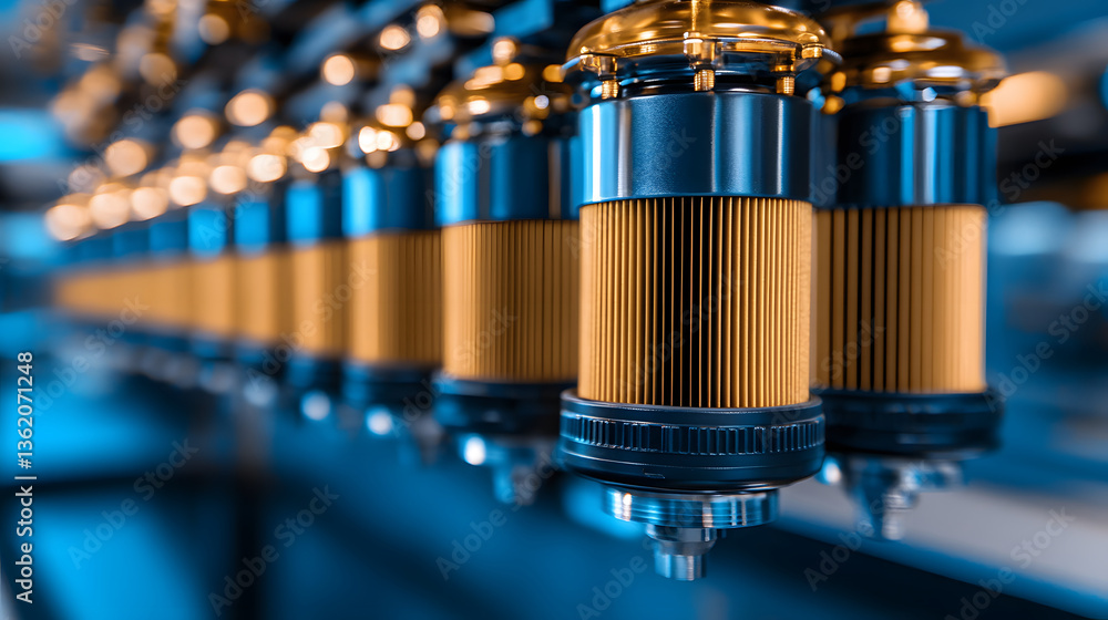 Poster A close-up of intricate mechanical components featuring a series of cylindrical elements, showcasing precision engineering in a futuristic environment