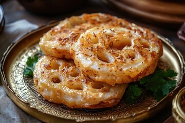 A golden plate of crispy fried lotus root sandwich