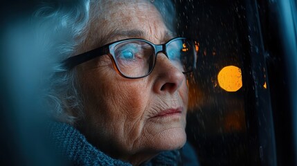 An elderly woman with striking blue eyes and silver hair thoughtfully gazes out of a rain-streaked window, reflecting a moment of contemplation and nostalgia on a rainy day.