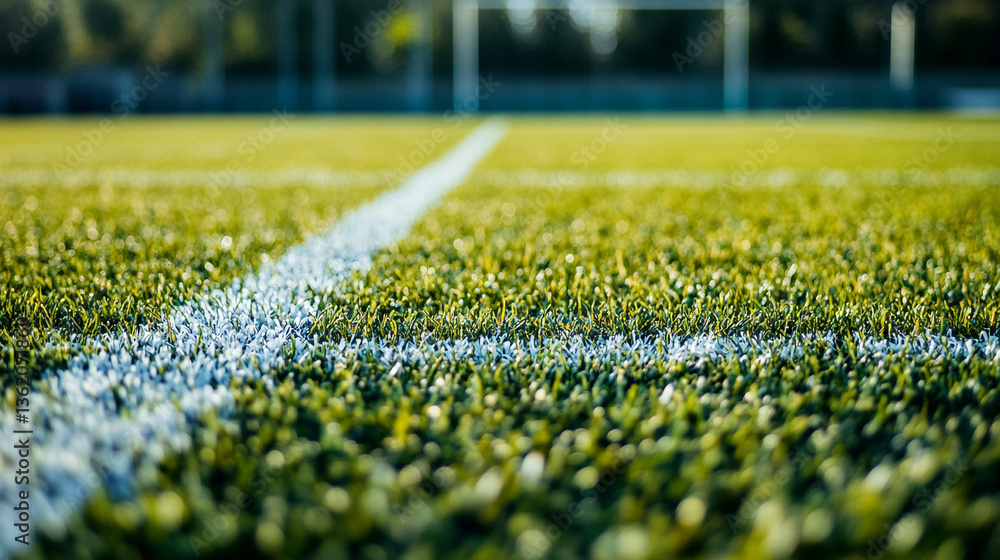 Poster a close up view of a soccer field with a white line and a goal in the background on a sunny day