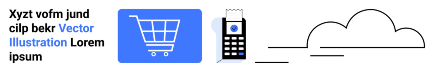 Shopping cart, credit card terminal, and cloud graphic symbolize e-commerce, mobile payment, online transaction, shopping platforms, cloud storage, user convenience, simple landing page