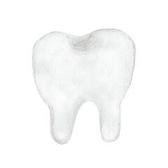 Cute white tooth. Oral hygiene, watercolor illustration. isolated on white background