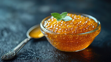 Vibrant orange caviar served in a glass bowl with a mint leaf on a dark textured background