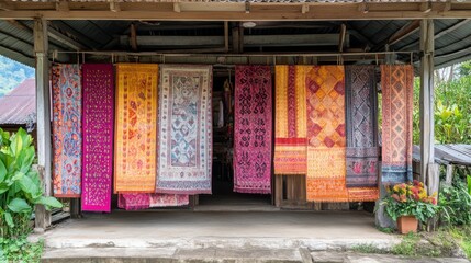 Colorful textiles displayed in a market stall surrounded by lush greenery