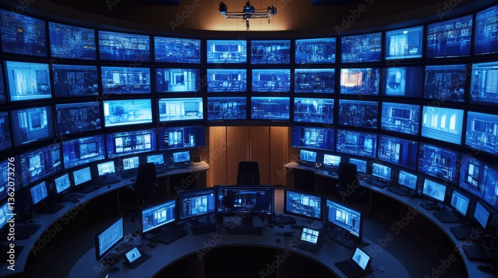 Poster high-tech control room: a network of screens displaying vital data