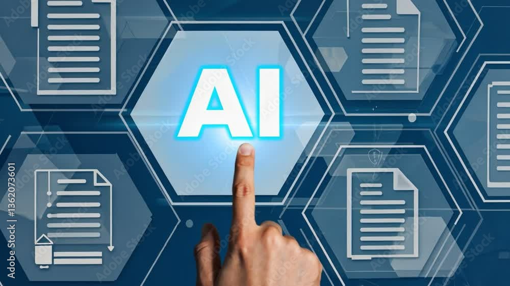 Poster ai touch in technology: a hand interacting with a digital interface, highlighting artificial intelli