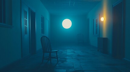 A dimly lit hallway with a chair and a large glowing circle