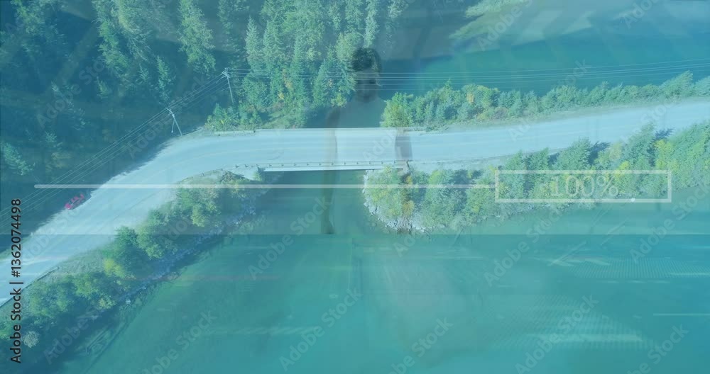 Poster aerial view of road and forest with data processing animation overlay