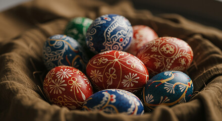 Fototapeta premium Beautiful Hand-Painted Easter Eggs with Intricate Floral Patterns – A Celebration of Tradition and Art