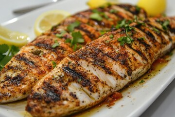 Grilled fish fillets with lemon and herbs on a white plate