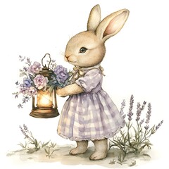 Obraz premium Vintage bunny holding a glowing floral lantern in a serene landscape