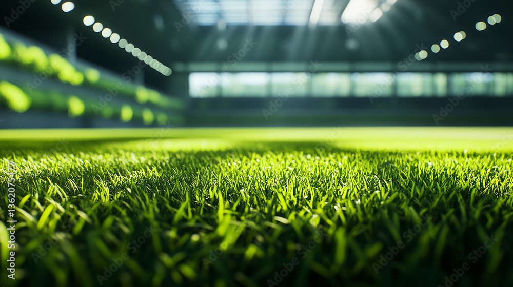 Poster close up view of green grass on a field with stadium seating and lights in the blurred background