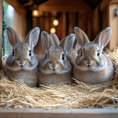 Obraz premium Three Adorable Rabbits in Hay