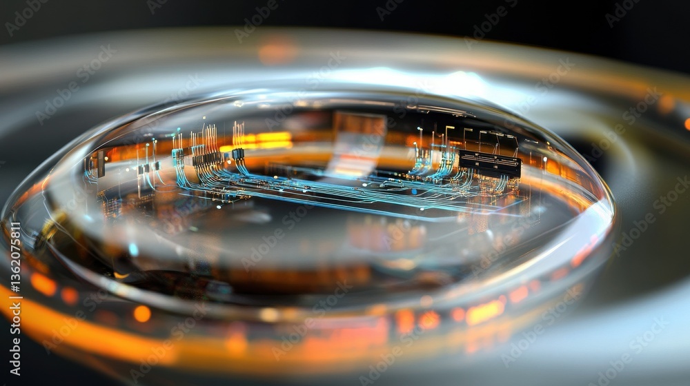 Poster a closeup image displaying the intricate circuitry embedded within a smart contact lens with tiny wi