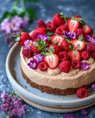 Vegan Berry Cake Delight: Floral Garnish, Artistic Presentation. Gourmet Food Photography, Plant-Based Dessert, Fine Dining, Natural Ingredients