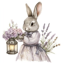 Obraz premium Vintage Bunny Holding Antique Lantern with Pastel Flowers