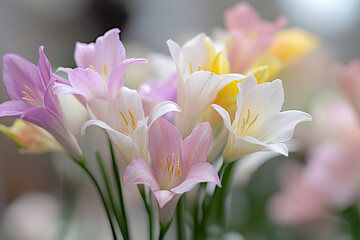 Fototapeta premium Colorful flower bouquet captures the essence of spring blossoms in soft focus background