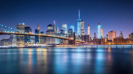 New York City skyline at night, illuminated skyscrapers, reflecting in the water, a picturesque view