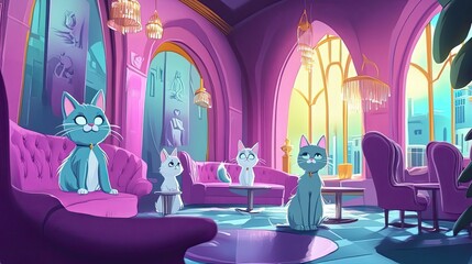 Cute cartoon cats enjoying a luxurious room with pink furniture