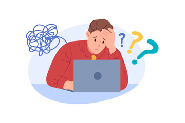 A young man looks stressed and confused while working on his laptop, surrounded by question marks and a tangle of lines. He seems overwhelmed by the complexity of the task. Vector illustration.