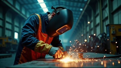 Welder in protective gear creating sparks while working in a large industrial factory. Concept of metal fabrication, heavy industry, and manufacturing.