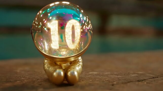A golden toy astronaut figure with a glowing number ten inside