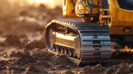 Close-up of Excavator Tracks on Earth at Golden Hour