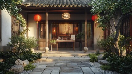Obraz premium Tranquil Asian courtyard with traditional architecture, lanterns, and greenery