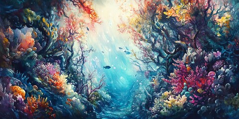 Obraz premium Low-angle view of a surreal underwater forest, vibrant corals entwined with impressionist brushstrokes, soft light filtering through waves, capturing ethereal beauty in watercolor