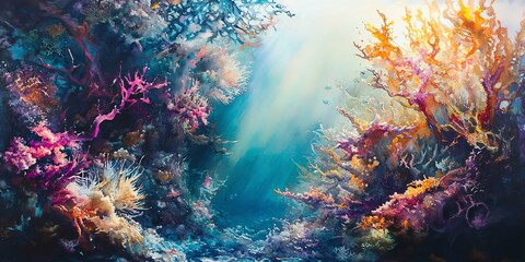 Fototapeta premium Low-angle view of a surreal underwater forest, vibrant corals entwined with impressionist brushstrokes, soft light filtering through waves, capturing ethereal beauty in watercolor