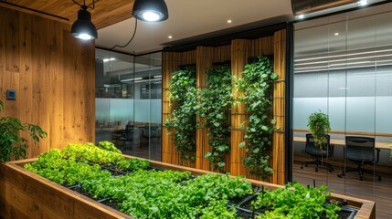 A modern workspace with a vertical hydroponic garden, recycled wood panel walls, glass partitions framed in bamboo, and soft glowing