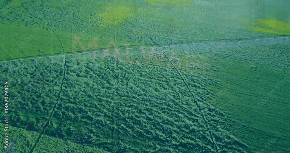 Poster data processing animation overlay on green field landscape with clear sky