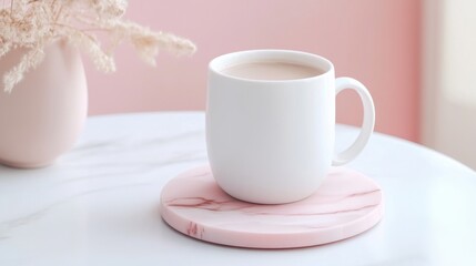 Fototapeta premium White mug with coffee resting on pink marble coaster on white table