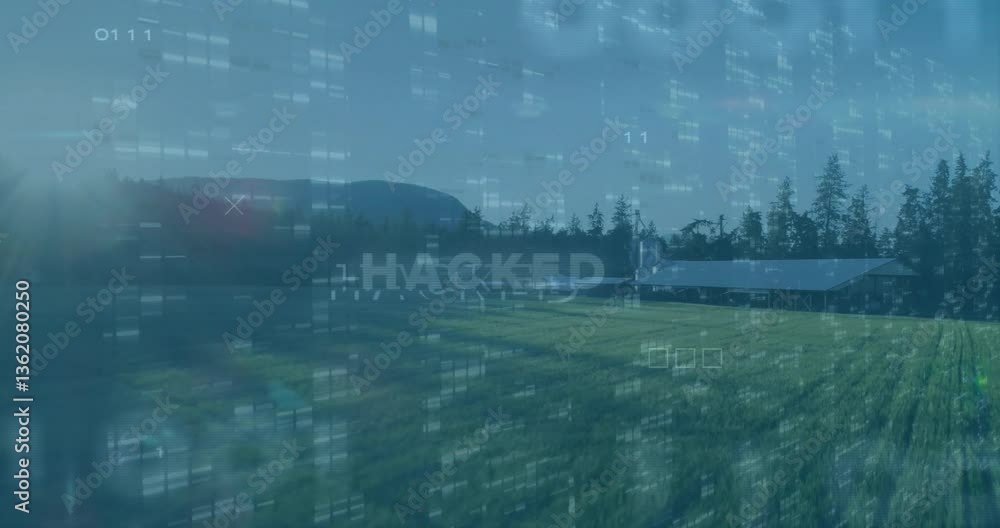 Poster digital hacking animation over rural landscape with trees and mountains