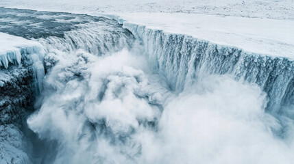 Majestic waterfall cascading over icy cliffs, surrounded by snow and mist, creating breathtaking winter landscape