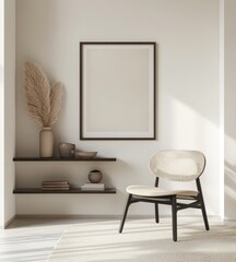 Minimalist interior design with beige chair, pampas grass, and empty frame.