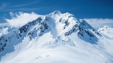 Fototapeta premium Majestic snow covered mountain peak under clear blue sky, showcasing beauty of winter landscapes and nature grandeur