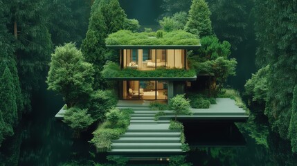 Modern eco-friendly house surrounded by lush greenery in a serene forest setting