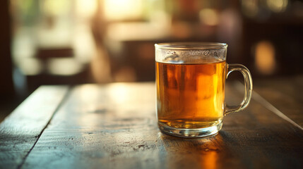 A warm soothing glass of hot ginger tea sits on a wooden background providing comfort and wellness. AI generative