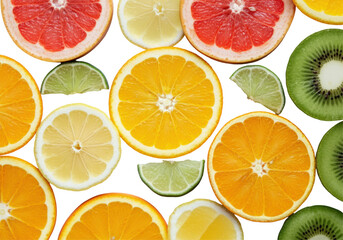 Obraz premium Photorealistic image of orange, lemon, lime, and grapefruit slices, arranged in an artistic layout on a transparent background