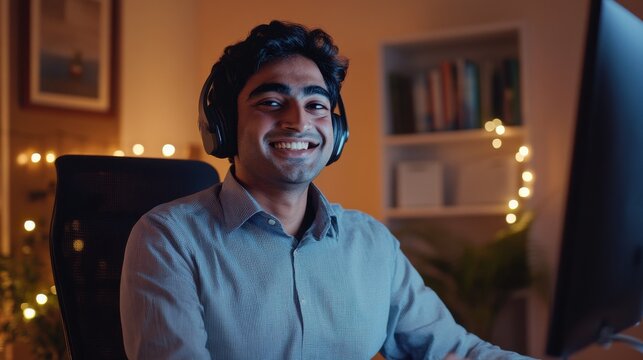 Happy indian business man remote teacher, customer support manager wearing headset talking at virtual meeting consulting client on video call giving distance learning class at home office call center
