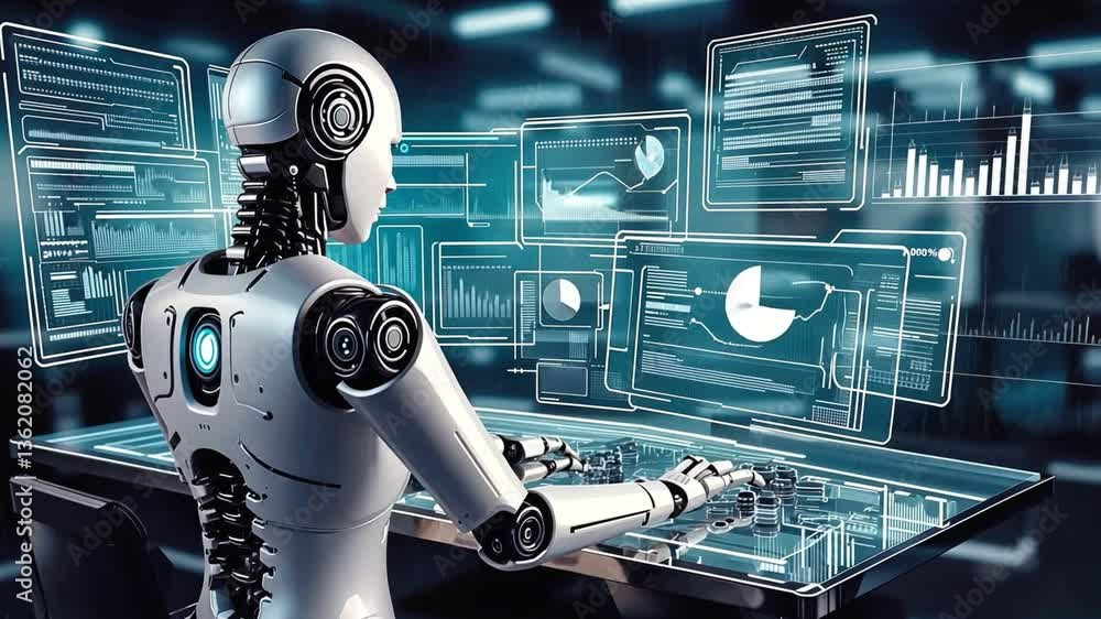 Poster digital intelligence: a futuristic robot engaged in data analysis, surrounded by holographic interfa