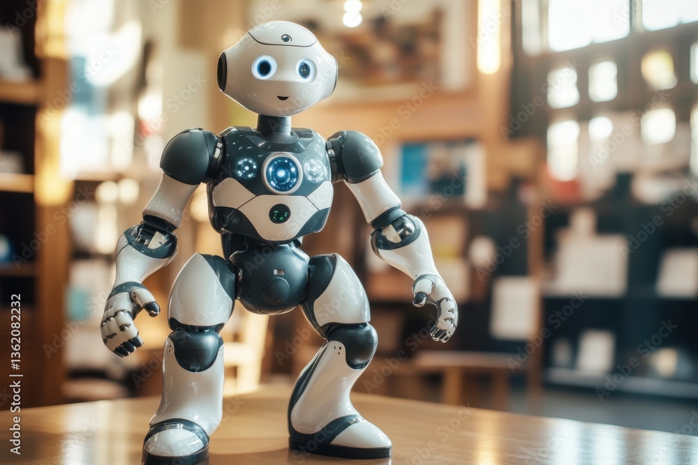 Aufkleber robotic figure stands on a table in a modern library showcasing technology
