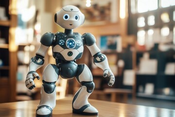 Robotic figure stands on a table in a modern library showcasing technology