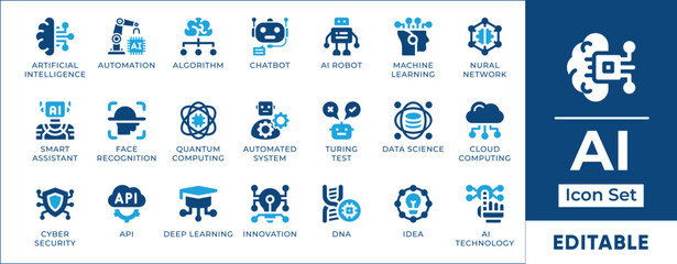 Artificial intelligence icon set featuring AI, machine learning, deep learning, neural networks, automation, robotics, big data, cloud computing, digital transformation, and futuristic technology.